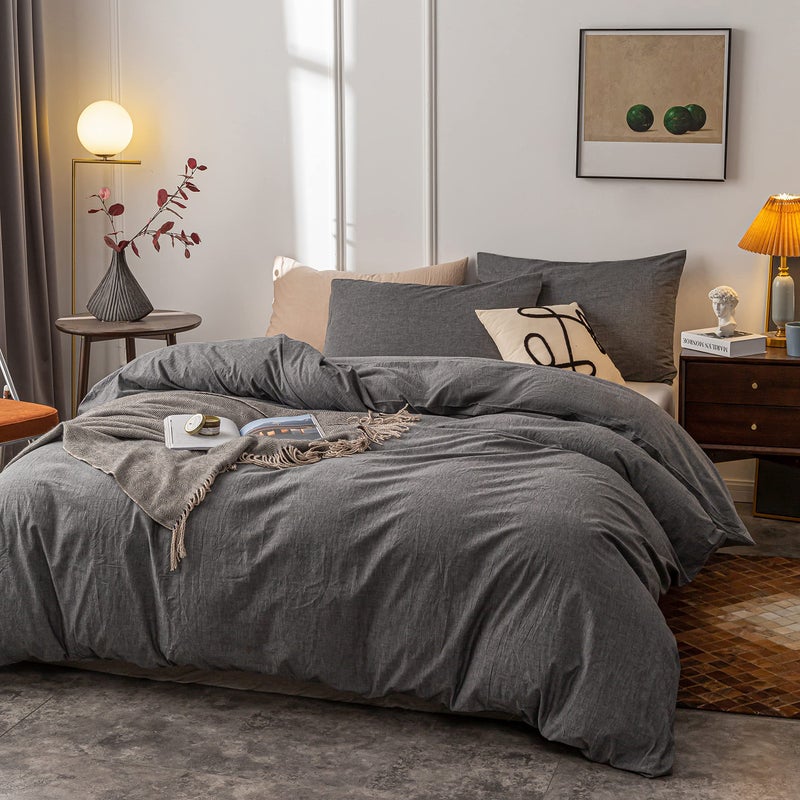 Janlive Washed Cotton Duvet Cover Oueen Ultra Soft 100% Cotton Solid Color Gray Duvet Cover Set with Zipper Closure -3 Pieces Grey Queen - Image 2